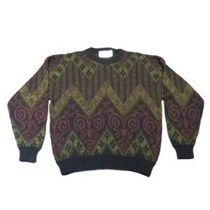 Robert Bruce Geometric Knit Sweater L Brown Green 80s 90s Vintage Boho Grandpa
